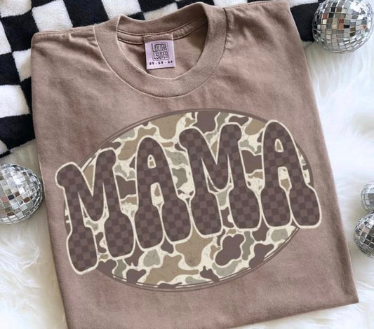 Checkered & Camo Mama 🤎 - TSHIRT- (COMFORT COLOR/BELLA)