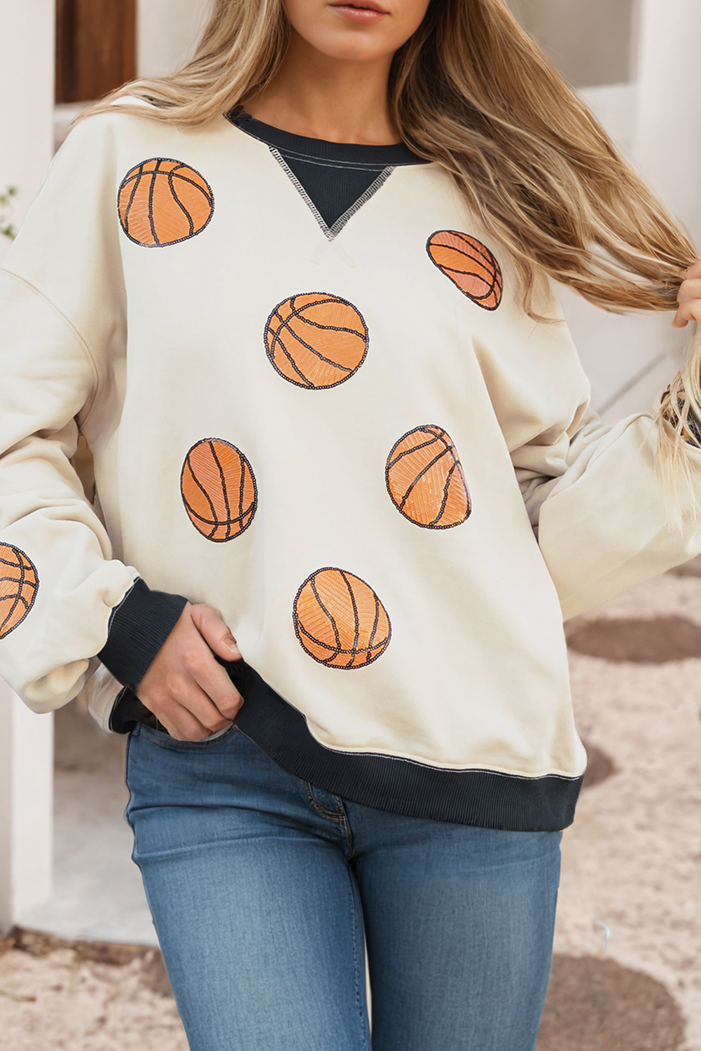 Sequin Basketball Graphic Colorblock Edge Sweatshirt 18231