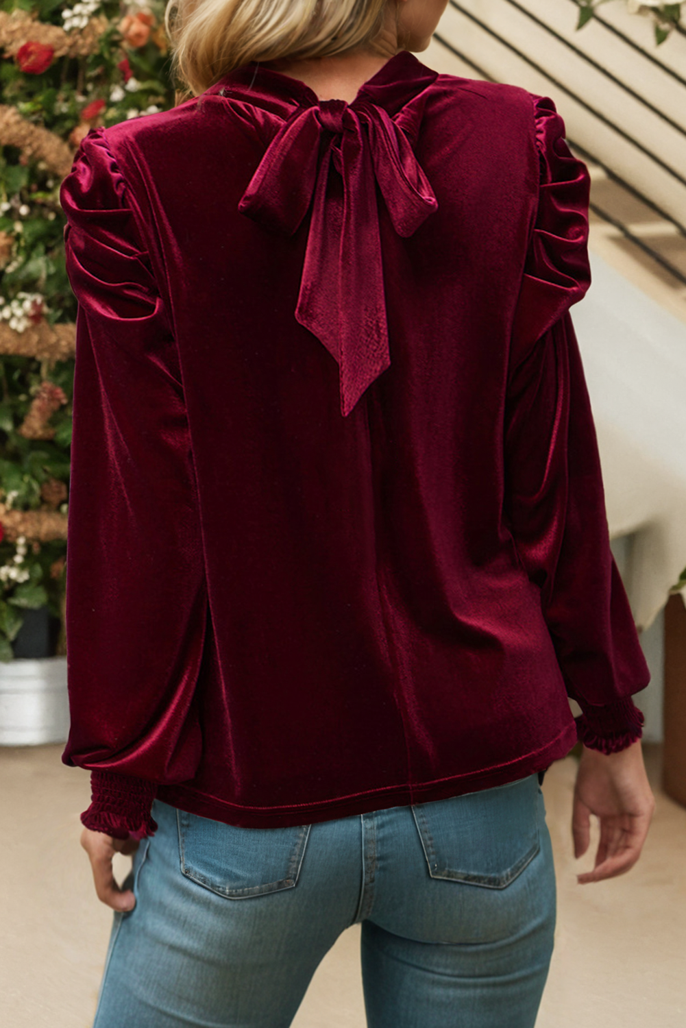 LDC Mock Neck Puff Sleeve Velvet Blouse P309
