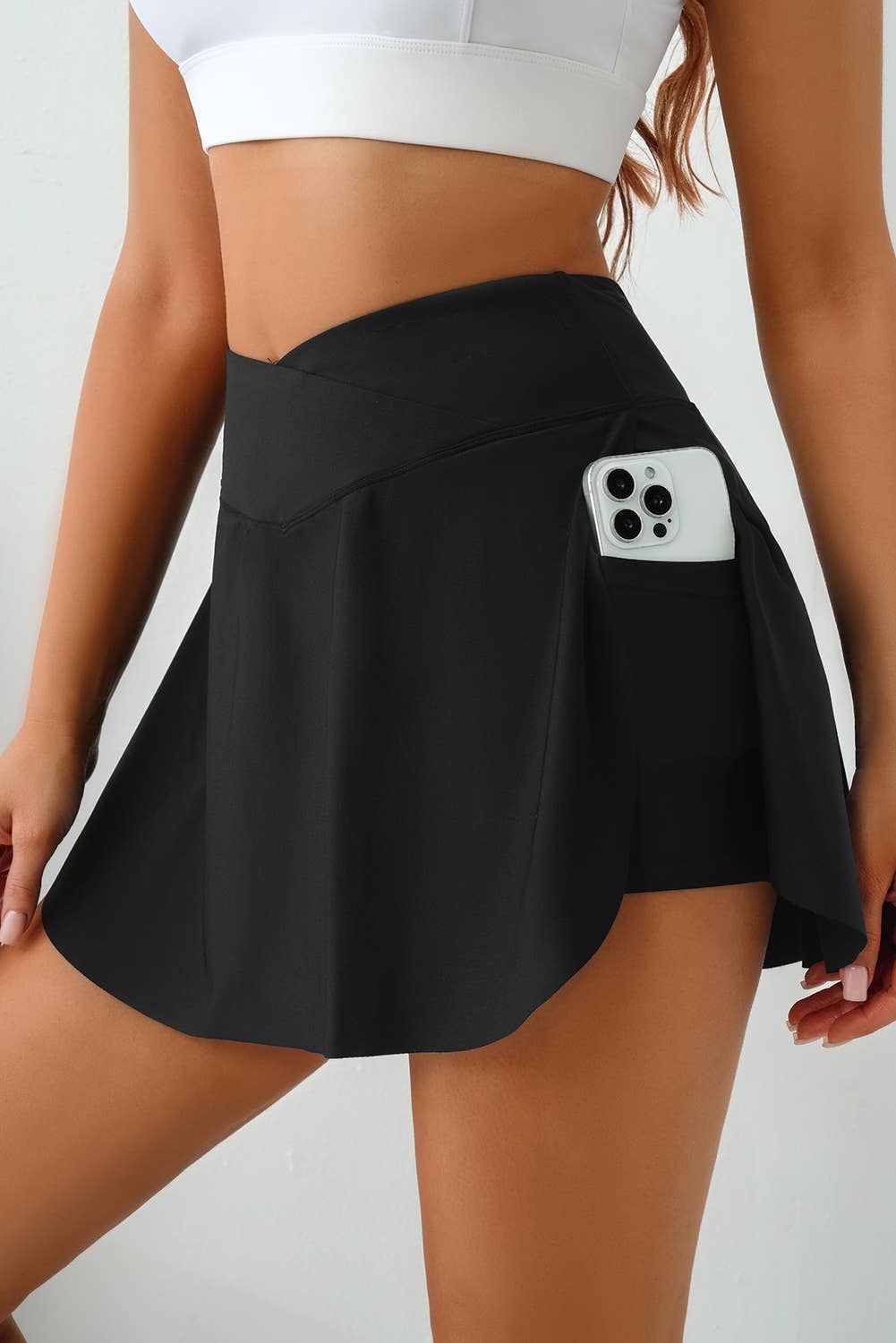Solid Pocketed Crossover High Waist Swim Skort LA472