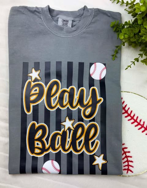 Play Ball  (black strips) gold outline-TSHIRT- (COMFORT COLOR/BELLA)