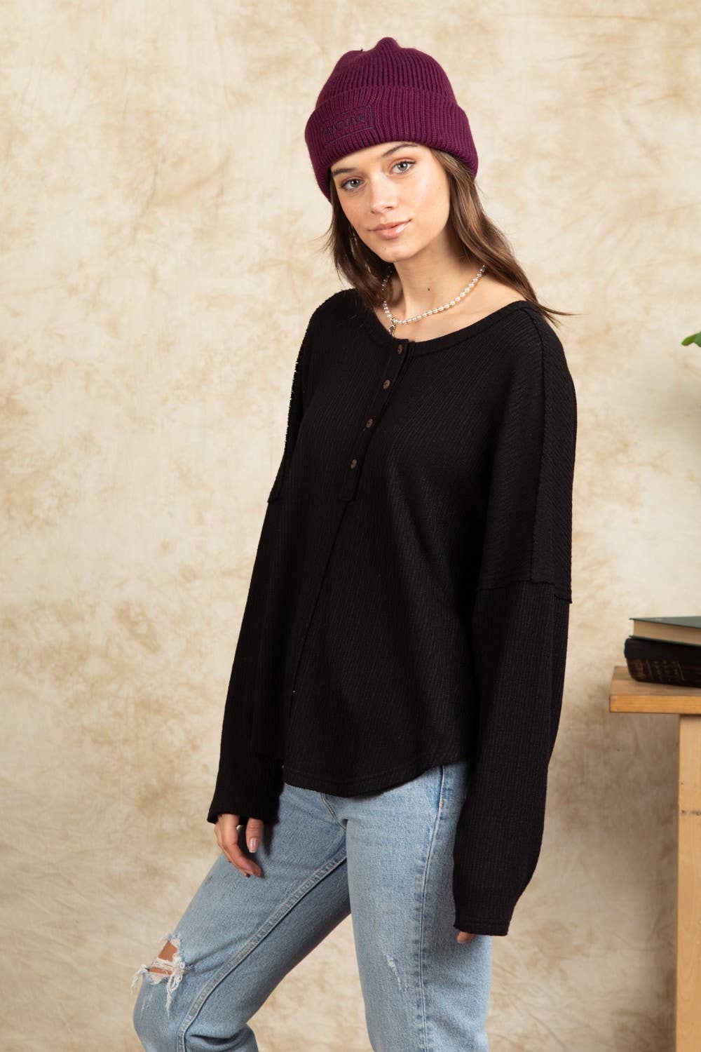 Button Down Oversized Soft Henley Knit Top NT11146-