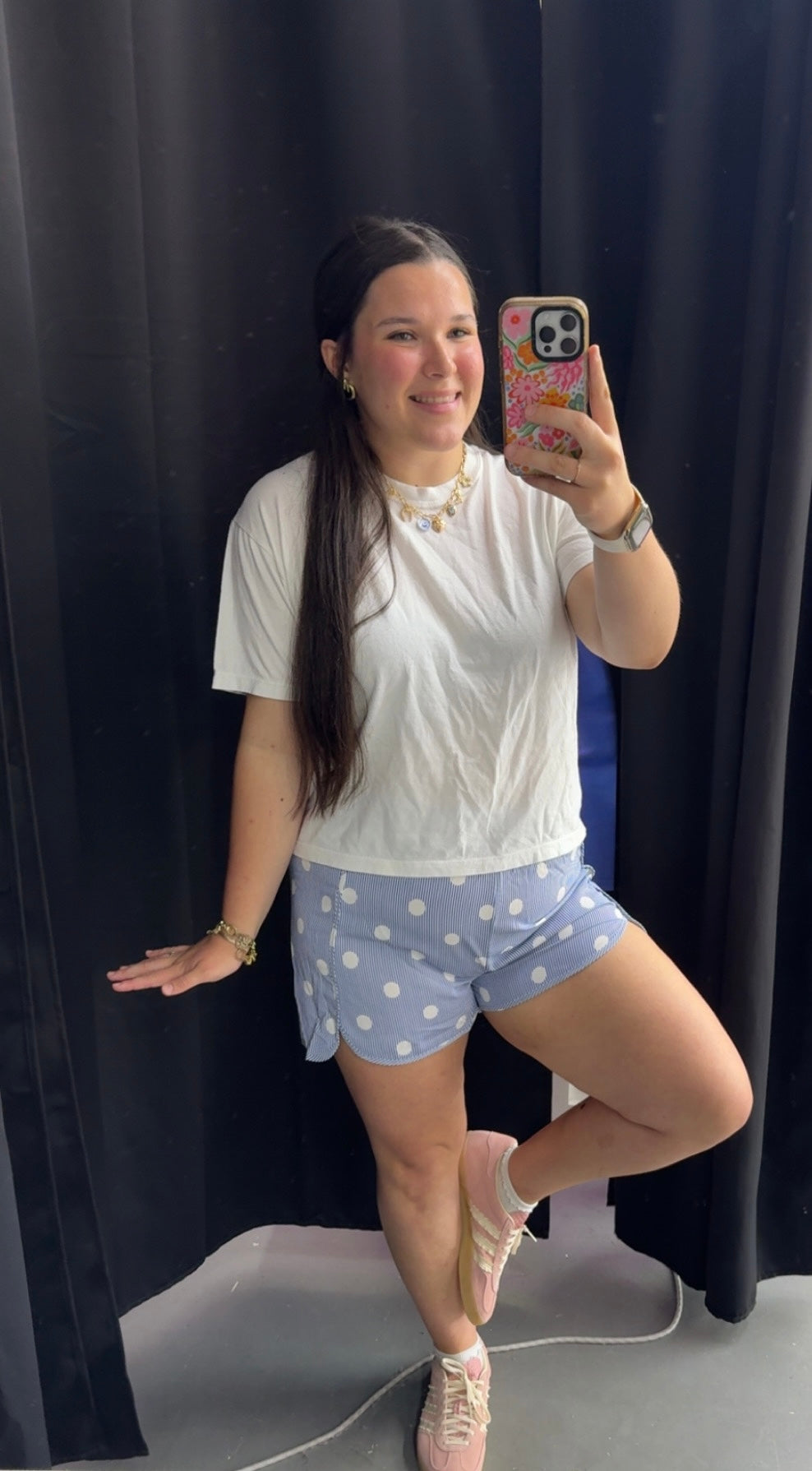 LAS POLKA DOT PRINT SHIRRED HIGH WAIST SHORTS-060826MG2