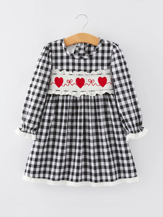 Black and white Plaid Smocking Embroidery Long Sleeve Girls Dress - DRG50044