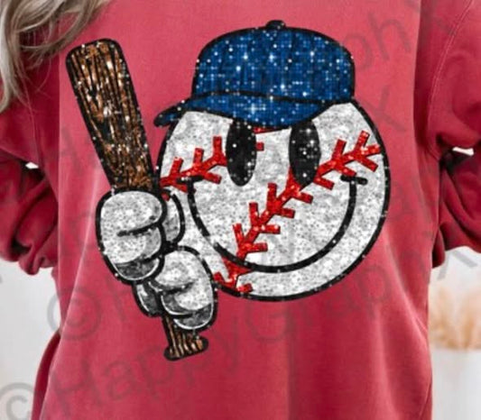 Glitter Baseball Smiley 💙- TSHIRT- (GILDAN/JEREEZ)042026JB