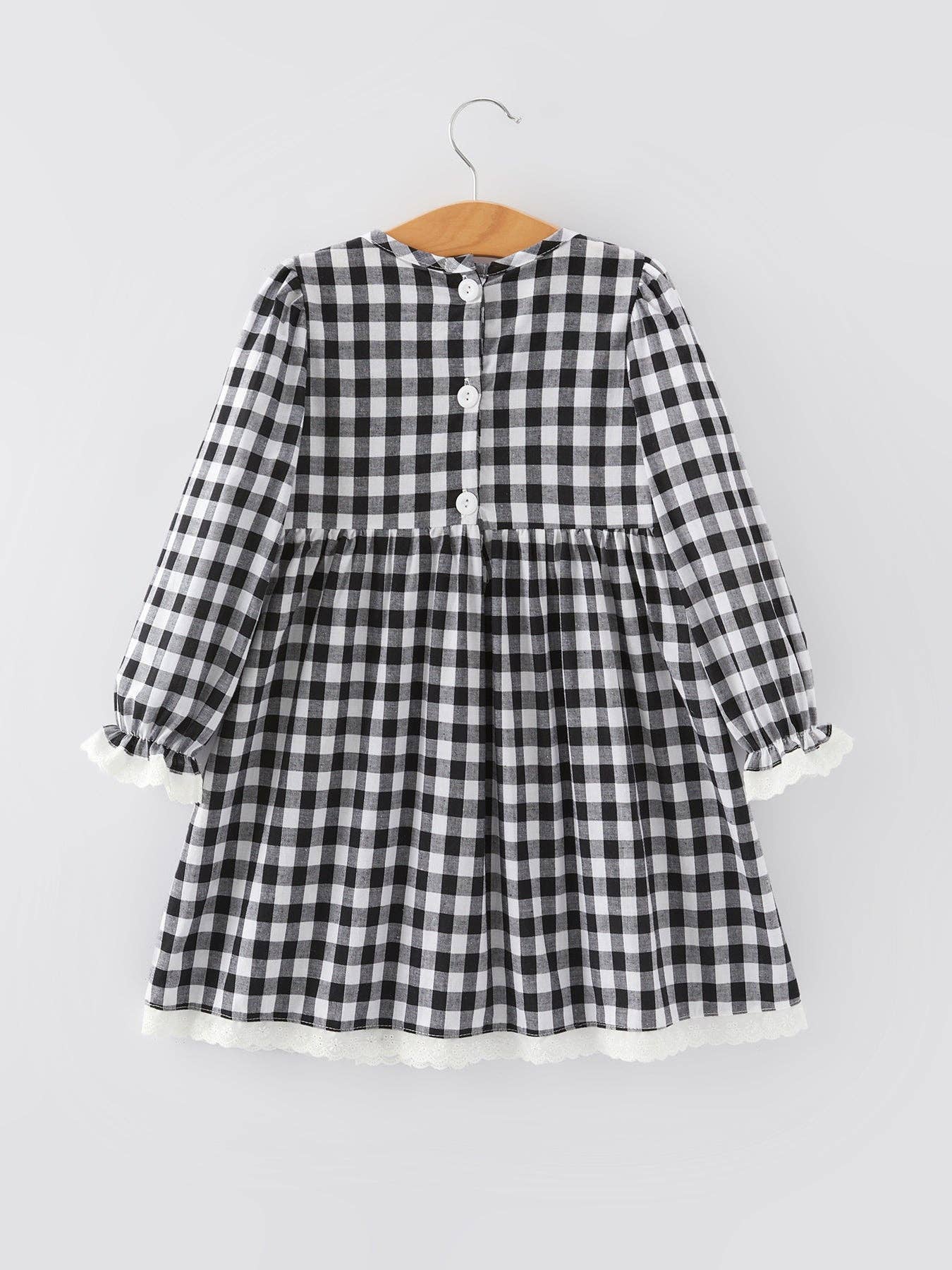 Black and white Plaid Smocking Embroidery Long Sleeve Girls Dress - DRG50044