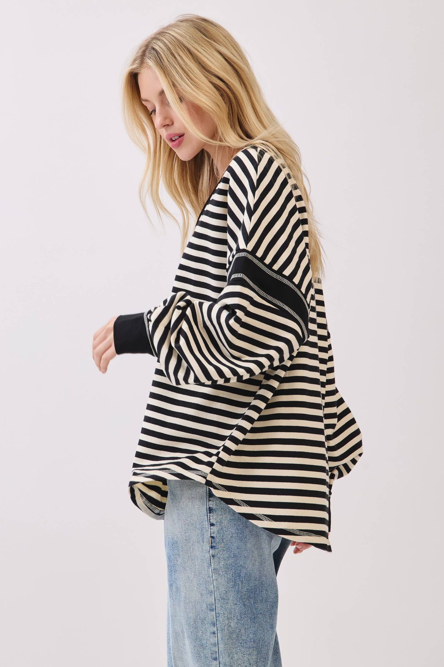 Striped Balloon Sleeve V-Neck Knit Top-SBSVK