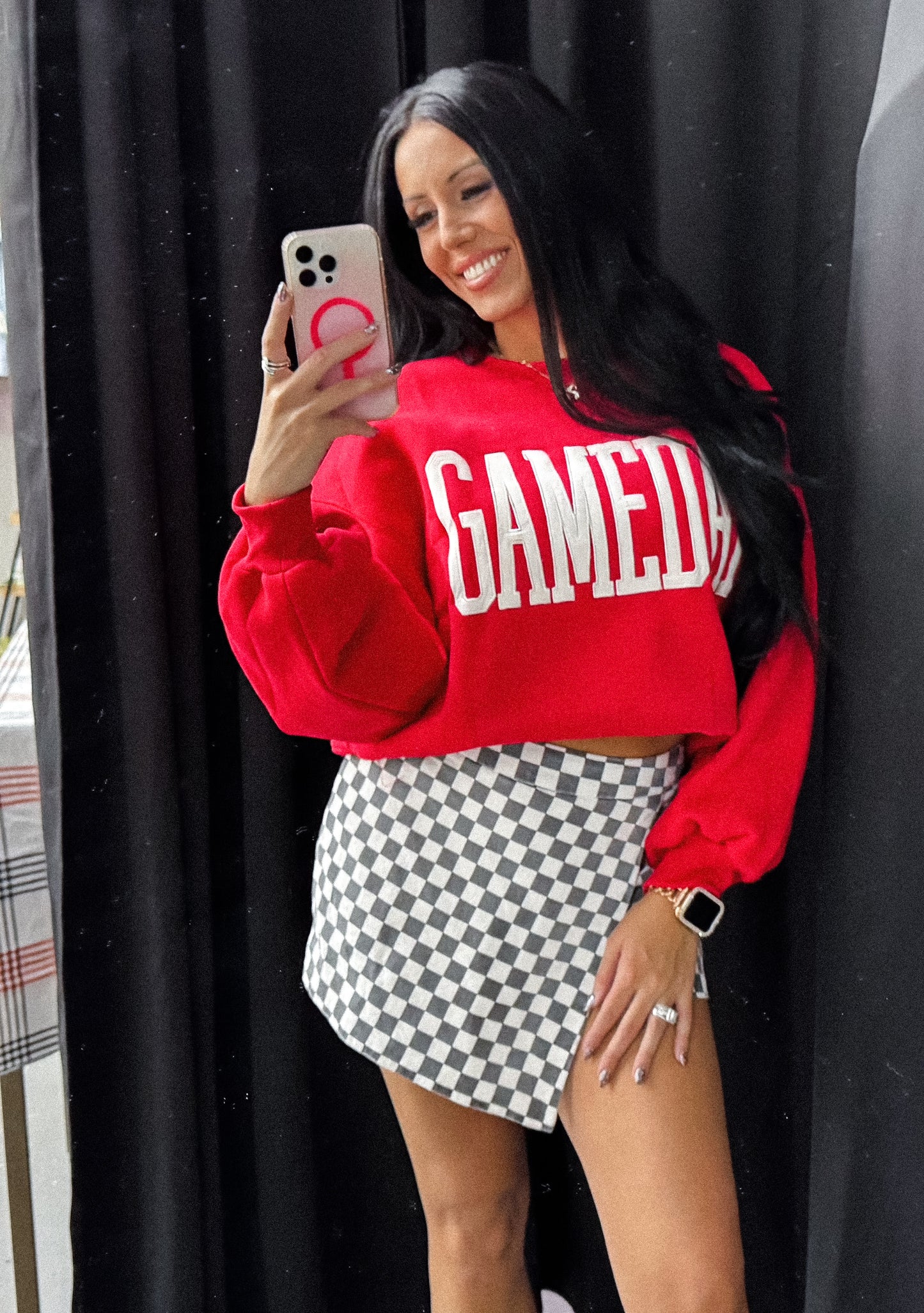 GAME DAY CHECKERED OVERLAY WRAP FRONT MINI SKIRT-GDCOW