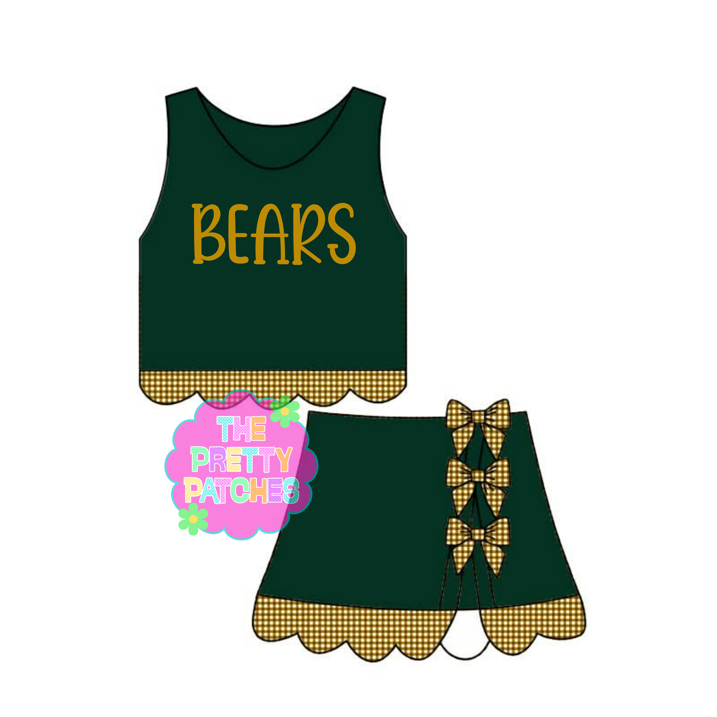 LCM BEARS GINGHAM SCALLOP ATHLETIC SKORT SET (FOREST GREEN BASE- GOLD AND WHITE GINGHAM- GOLD STITCHING) (PREORDER)