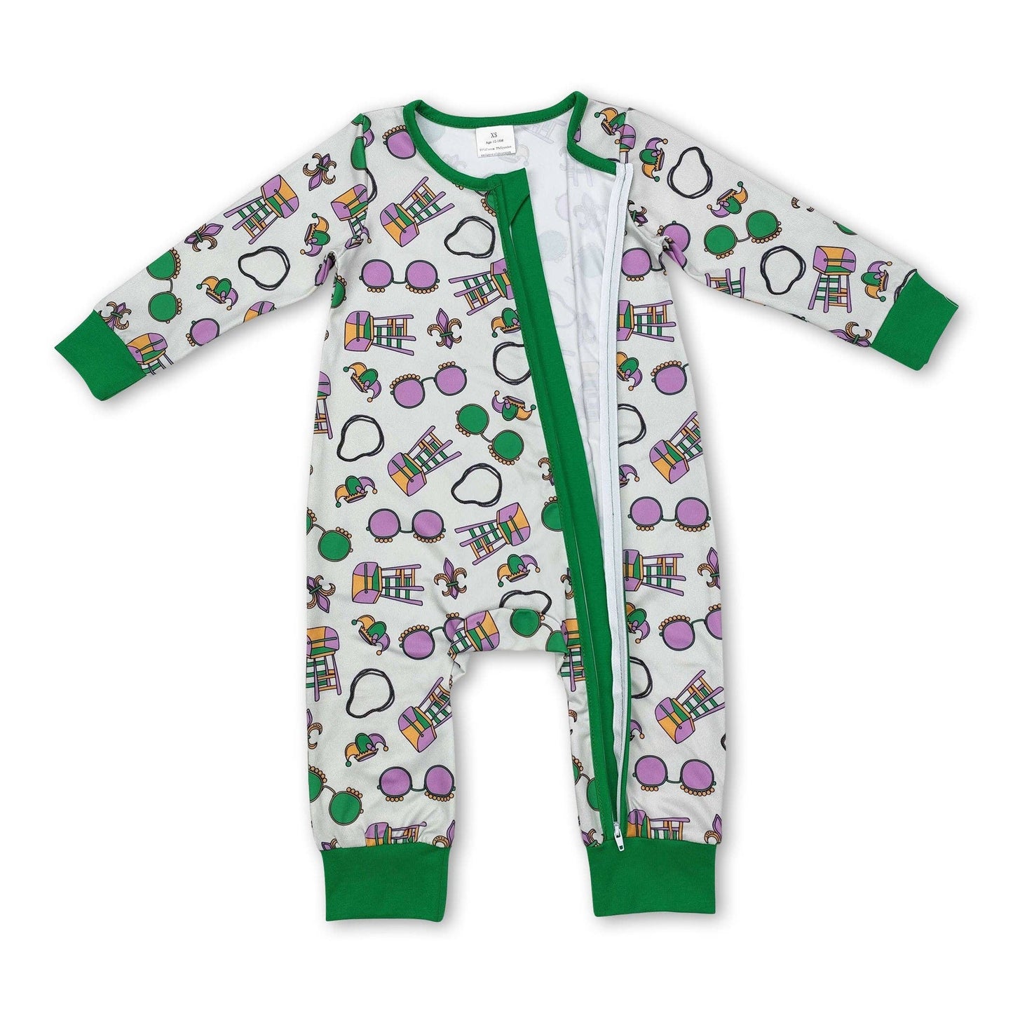 Green glasses baby boys Mardi Gras zipper romper  2039