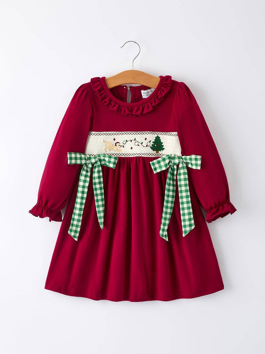 Rylee Faith Designs - Christmas Smocking Embroidered Girls Dress with Green Plaid Bow - 10.14Et
