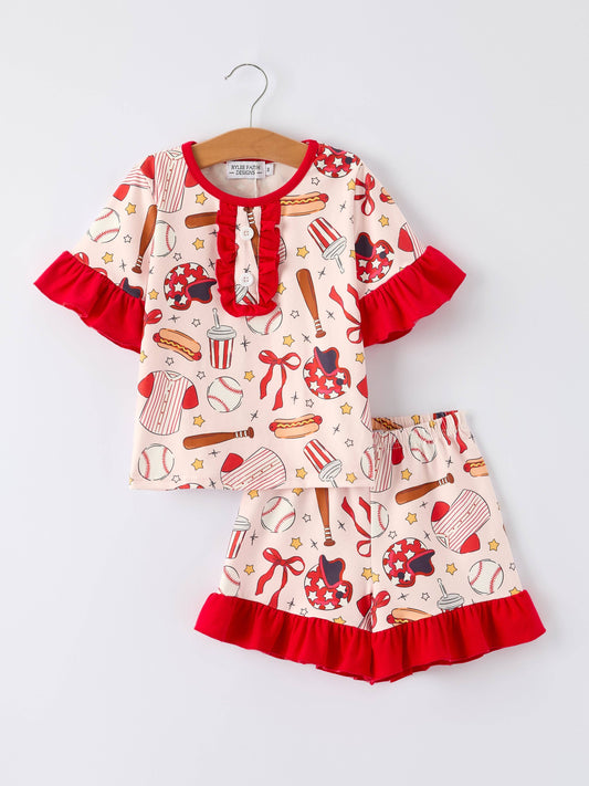 Girls Set with Red Bows Baseball Print 011226AJ