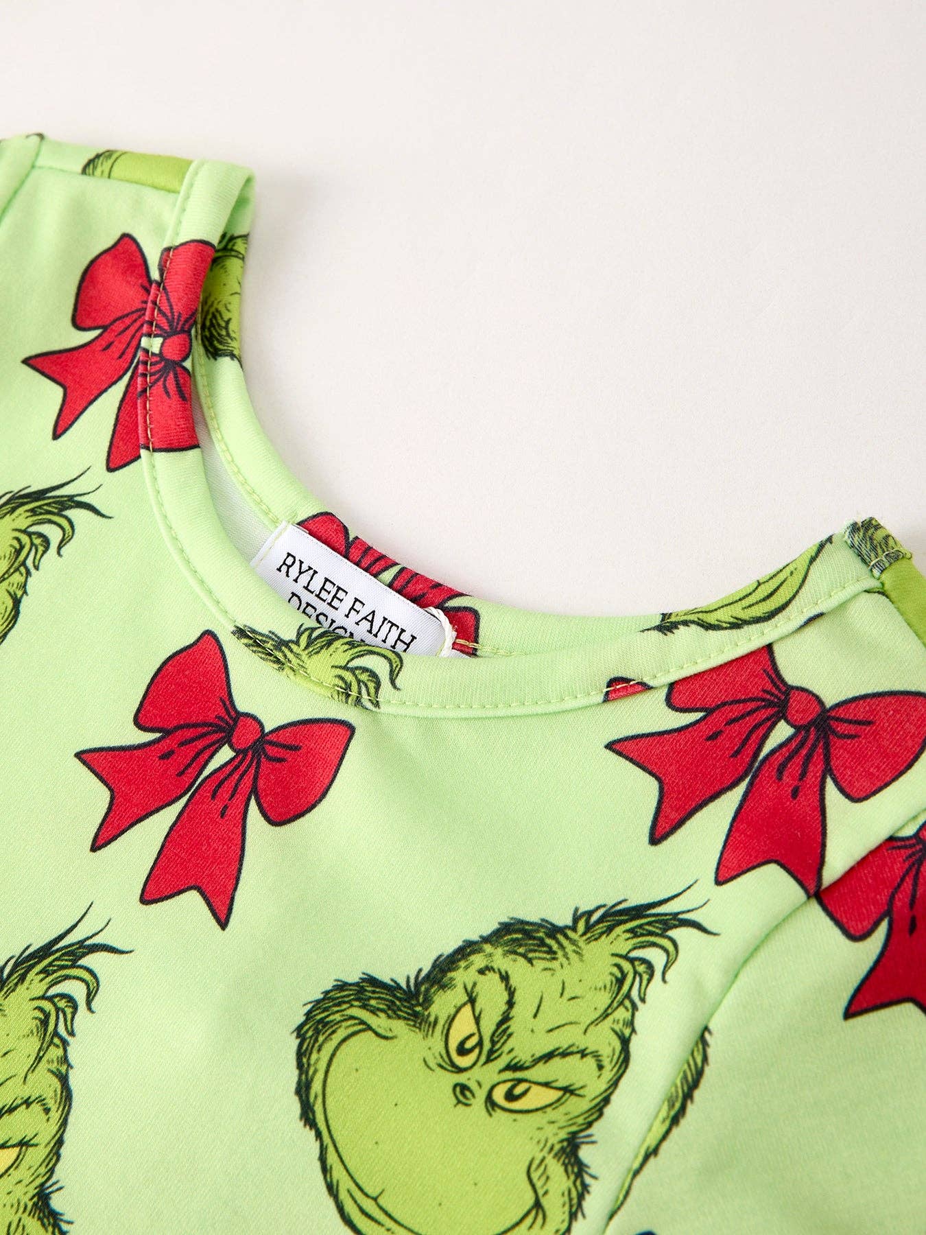 Winter Christmas Grinch Bow Print Green Girls Dress-WCGBP