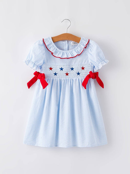 4th of July Girl’s Smocking Star Embroidered Dress DRG511