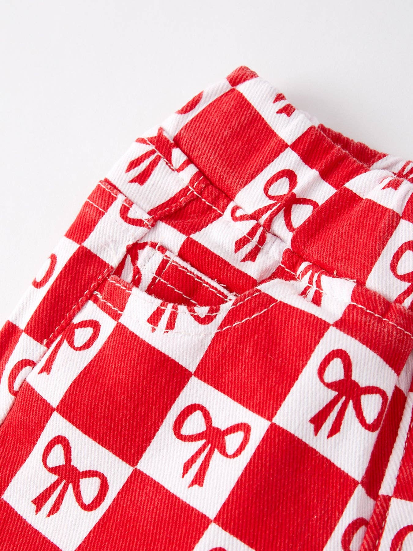 Girls Red Bow Print Plaid Flared Jeans PNG4074