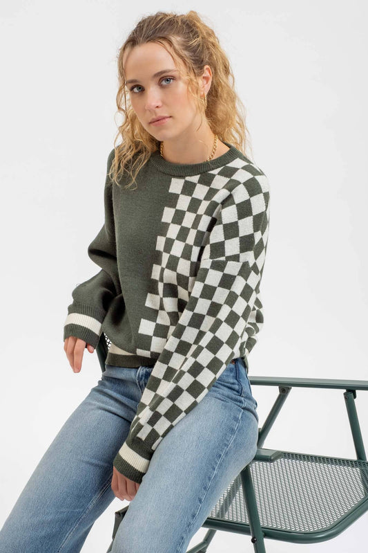 COLORBLOCK CHECKERED CREWNECK KNIT SWEATER  CR2334