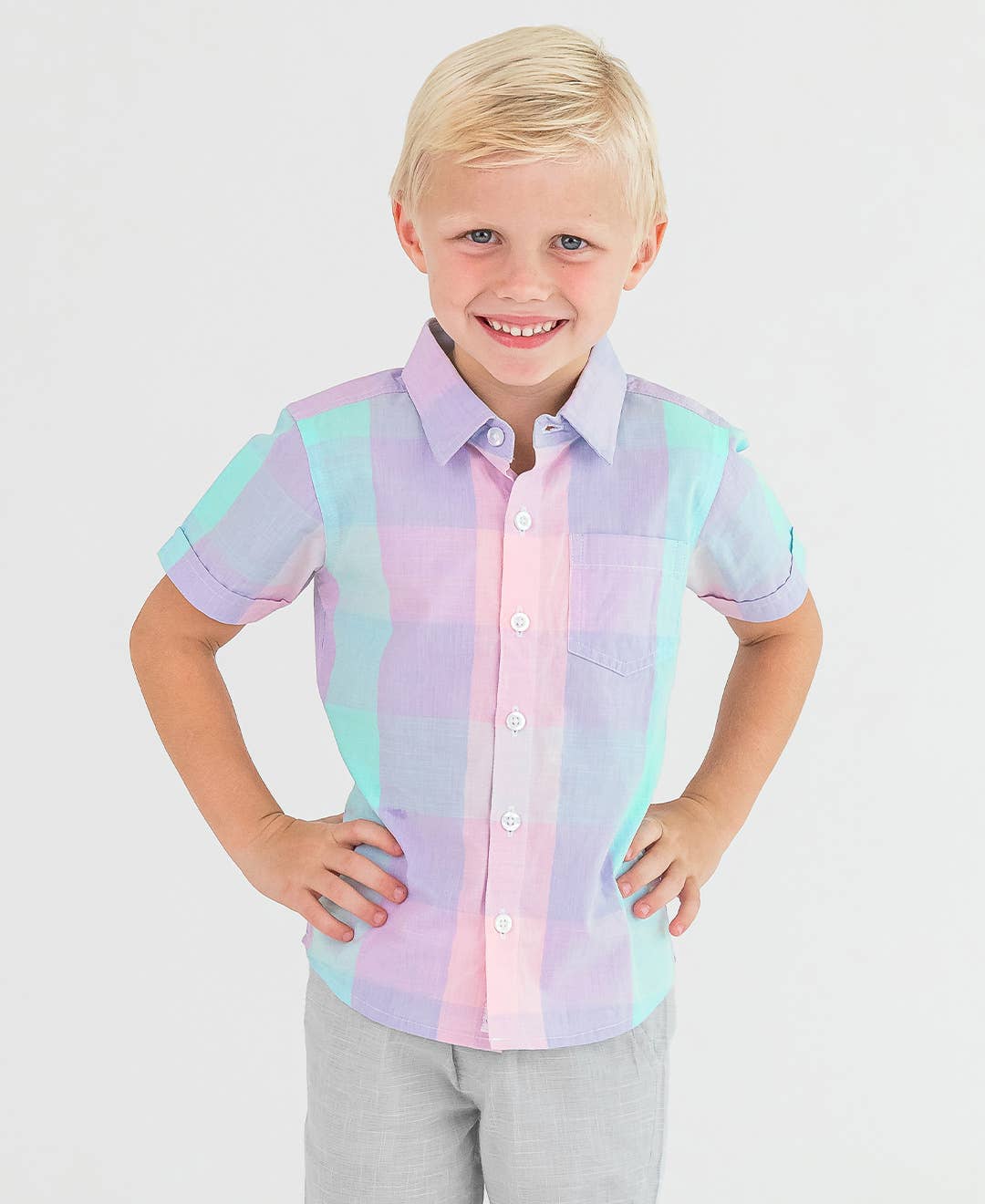 Boys Cotton Candy Plaid Short Sleeve Button Down Shirt 12778