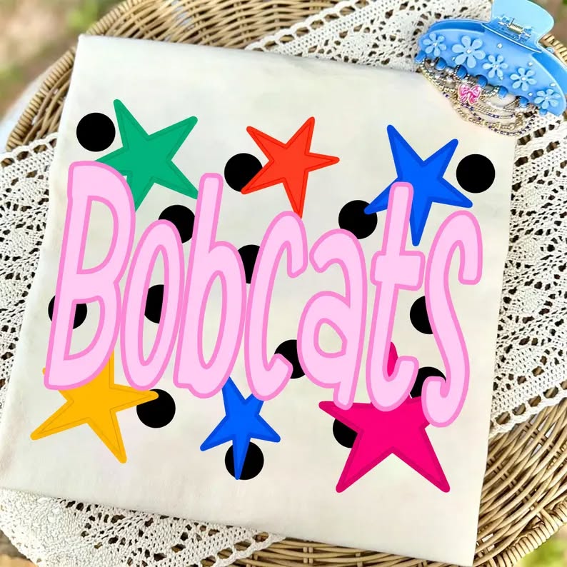 MASCOT STARS AND POLKA DOTS (BOBCATS)- T SHIRT - (GILDAN/RABBIT SKINS) 060426jb