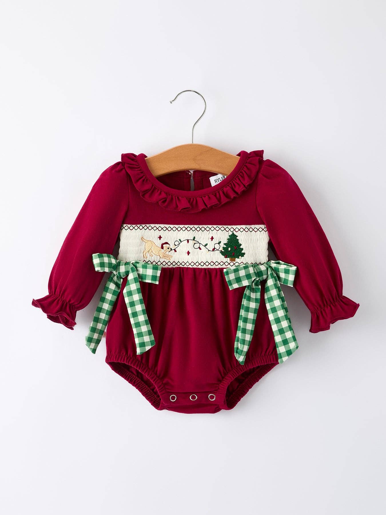 Rylee Faith Designs - Christmas Embroidered Baby Girls Romper with Green Plaid Bow - 10.14Et