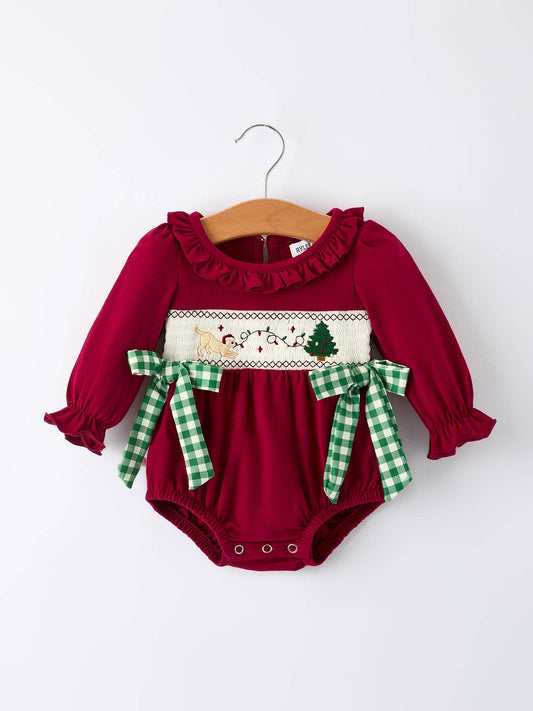 Rylee Faith Designs - Christmas Embroidered Baby Girls Romper with Green Plaid Bow - 10.14Et