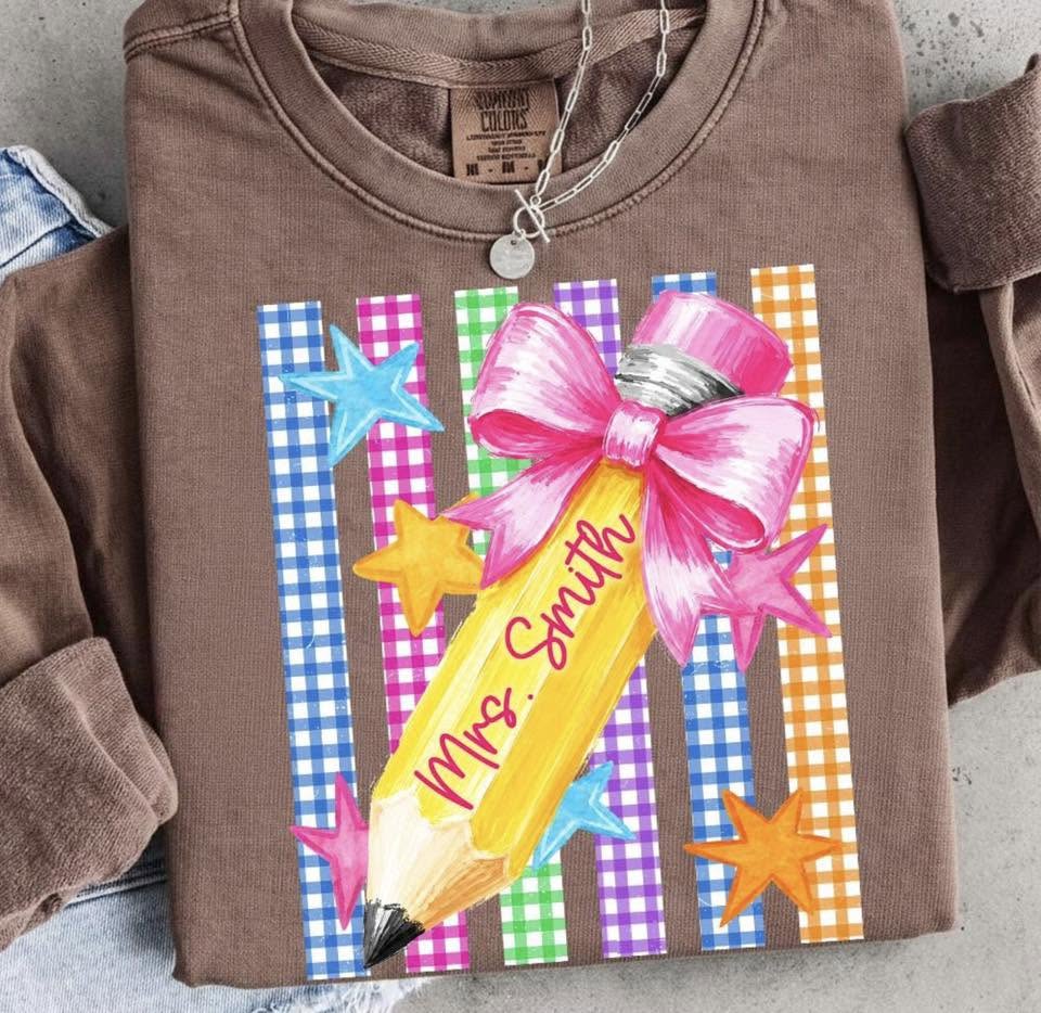 Gingham Stripes with Pencil Bow & Name- T SHIRT - (COMFORT COLOR/BELLA) 061226BR