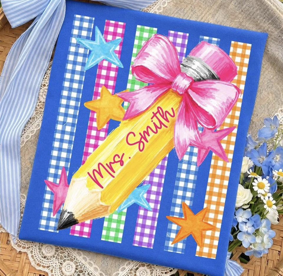 Gingham Stripes with Pencil Bow & Name- T SHIRT - (COMFORT COLOR/BELLA) 061226BR