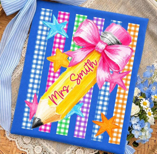 Gingham Stripes with Pencil Bow & Name- T SHIRT - (COMFORT COLOR/BELLA) 061226BR