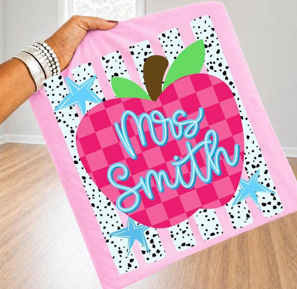 Custom Name Checkered Apple with Stripes - T SHIRT - (COMFORT COLOR/BELLA) 062426br