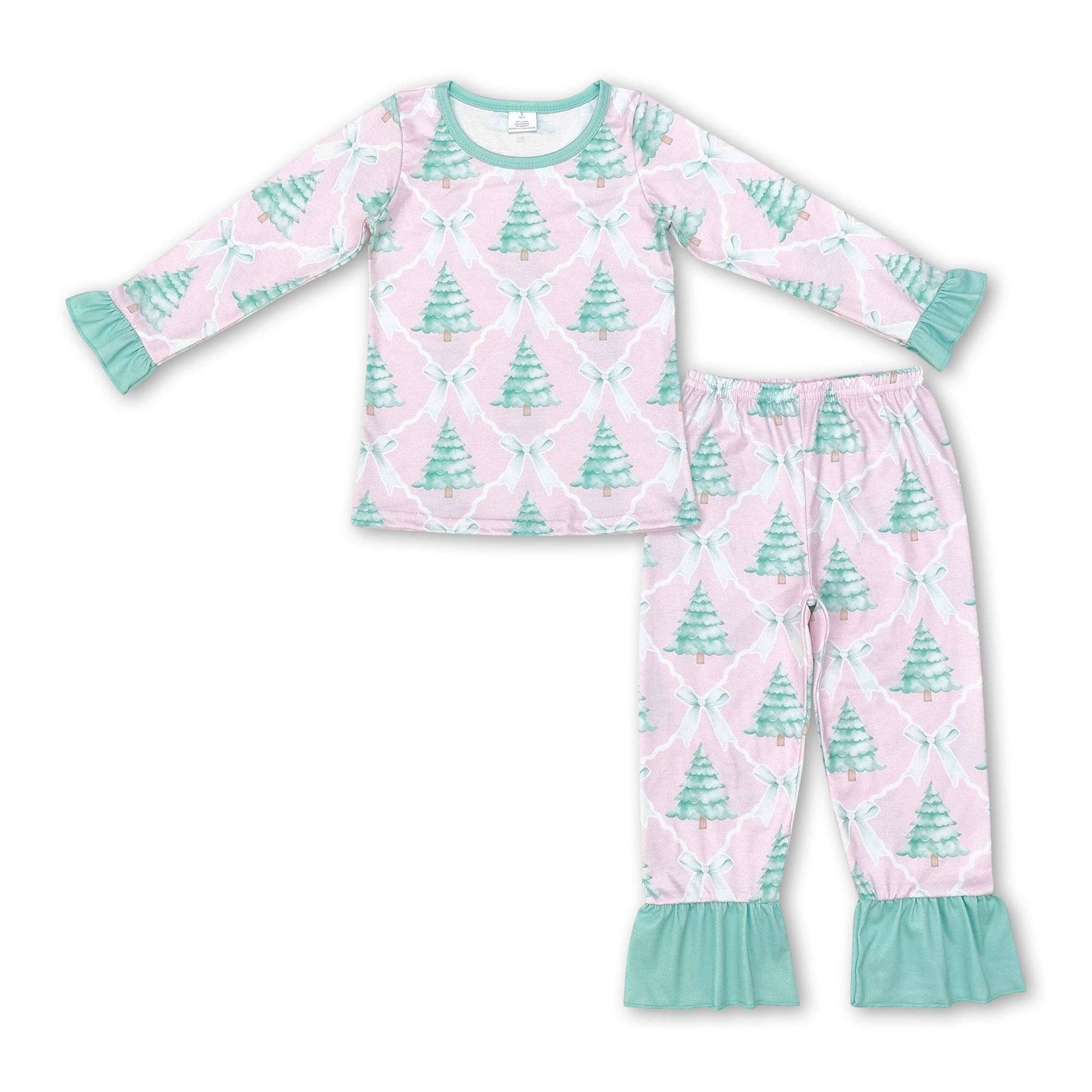 Pink Christmas tree bow kids girls pajamas