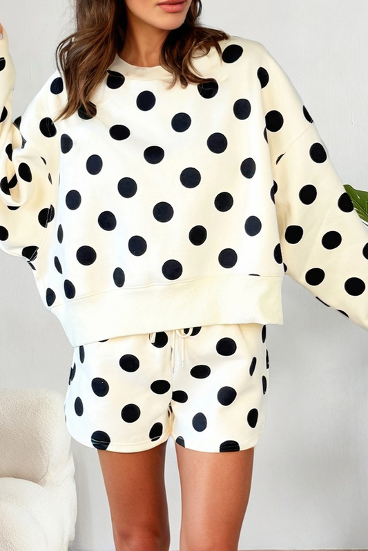 Polka Dot Print Drop Shoulder Pullover Drawstring Short Set-010826br6