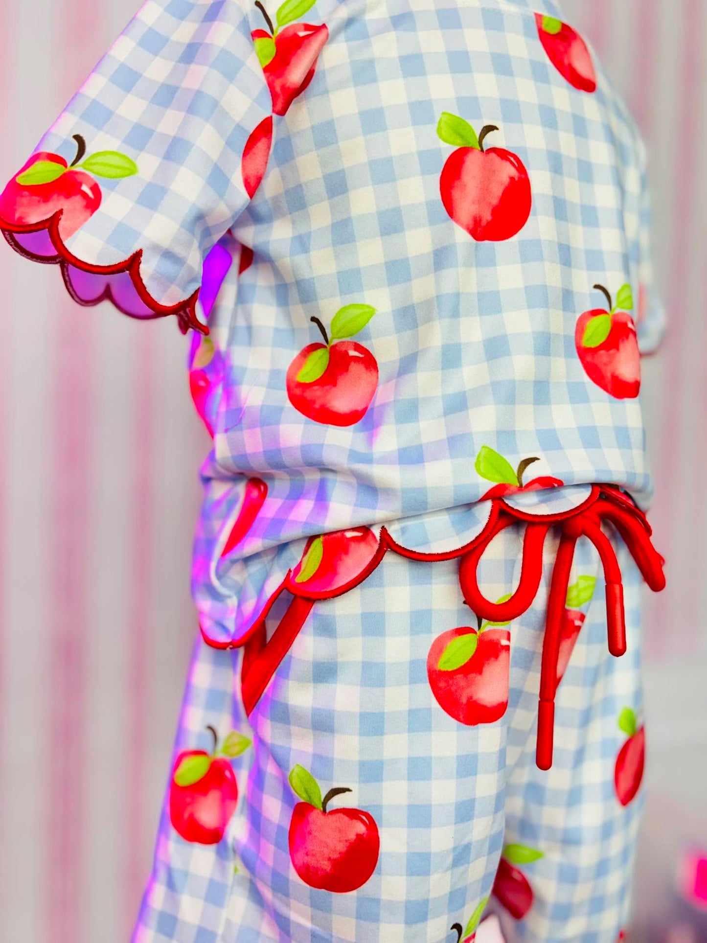 Back To School Apple Plaid Girls Scallop Trim Shorts Set 071426AS