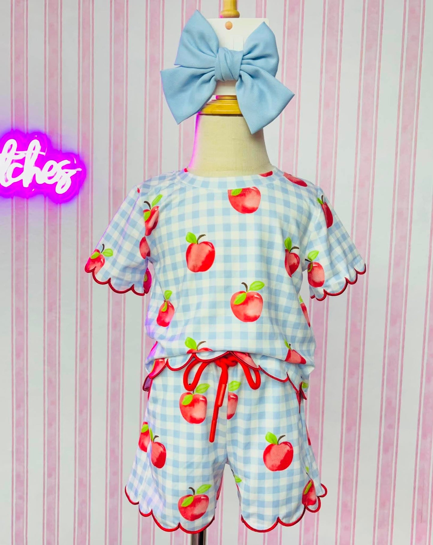 Back To School Apple Plaid Girls Scallop Trim Shorts Set 071426AS