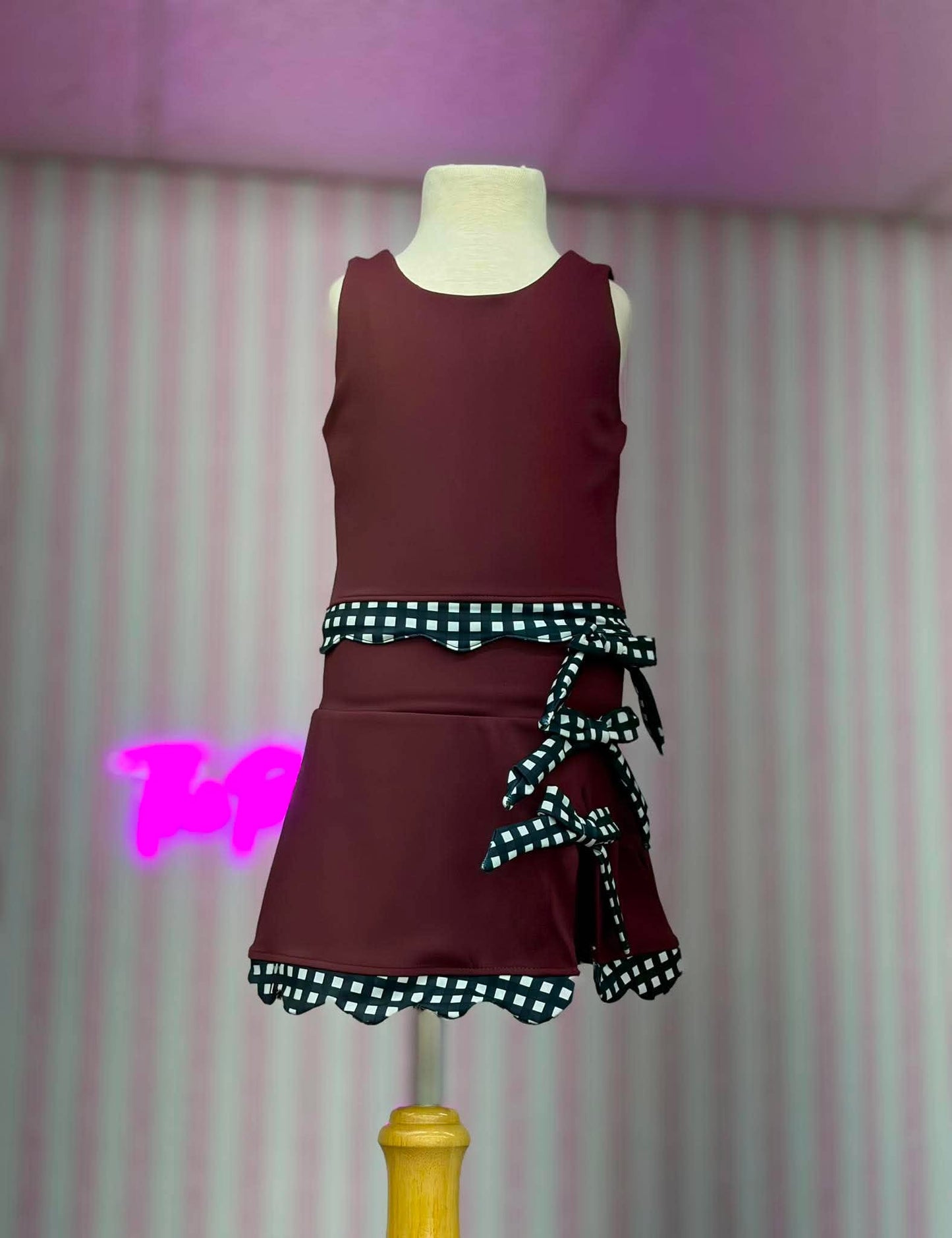 GINGHAM SCALLOP ATHLETIC SKORT SET-IN STORE- (MAROON BASE/BLACKAND WHITE GINGHAM) 071526RW