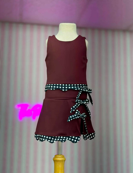 GINGHAM SCALLOP ATHLETIC SKORT SET-IN STORE- (MAROON BASE/BLACKAND WHITE GINGHAM) 071526RW