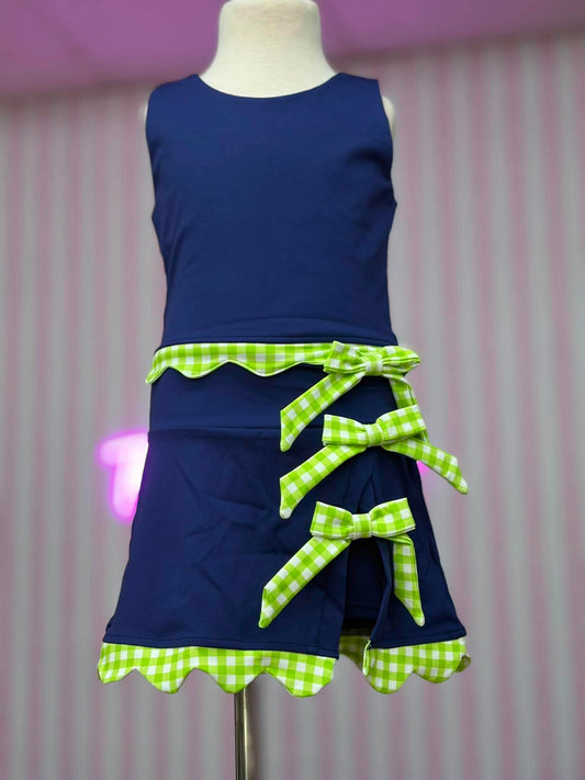 GINGHAM SCALLOP ATHLETIC SKORT SET-IN STORE- (NAVY BLUE BASE/LIGHT GREEN & WHITE GINGHAM) 071526RW