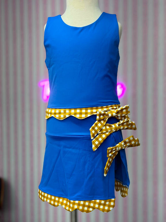 GINGHAM SCALLOP ATHLETIC SKORT SET-IN STORE- (ROYAL BLUE BASE/GOLD AND WHITE GINGHAM) 071526RW