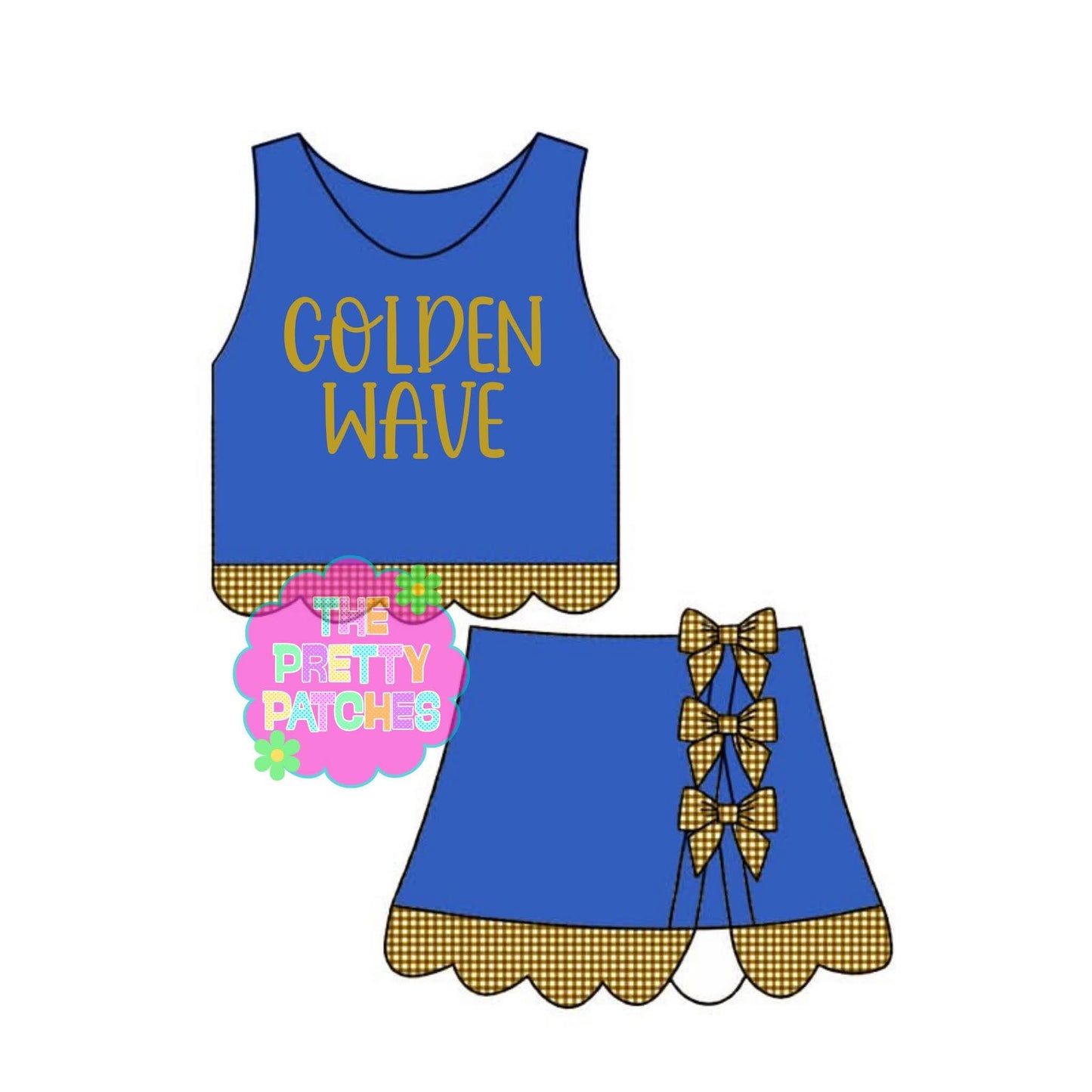 GOLDEN WAVE GINGHAM SCALLOP ATHLETIC SKORT SET- ROYAL BLUE BASE W GOLD AND WHITE GINGHAM-(PREORDER) 072826BR