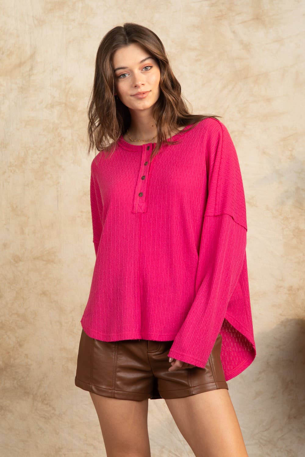 Button Down Oversized Soft Henley Knit Top NT11146-