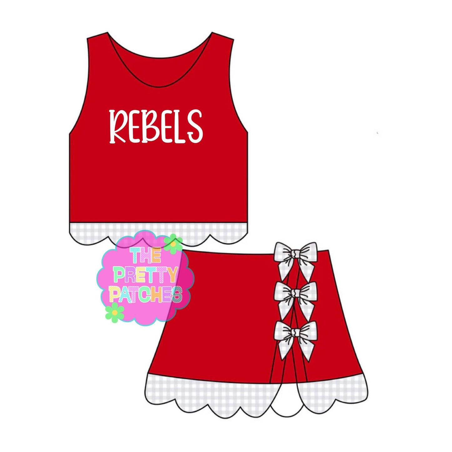 REBELS GINGHAM SCALLOP ATHLETIC SKORT SET- RED BASE W GREY AND WHITE GINGHAM-(PREORDER) 072126RW