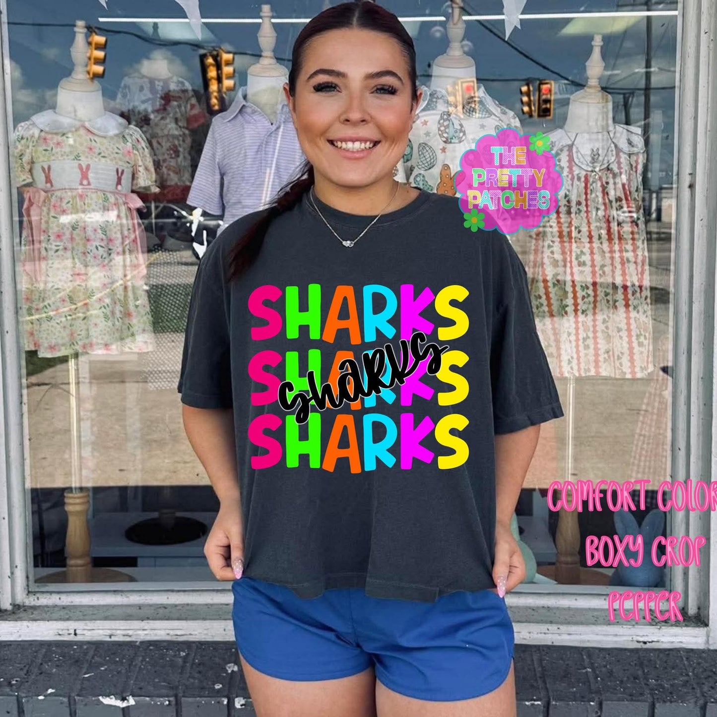 Neon Stacked Mascot 💛🩷🩵💚 -(SHARKS)- T SHIRT - (Comfort Color)- 072026MG
