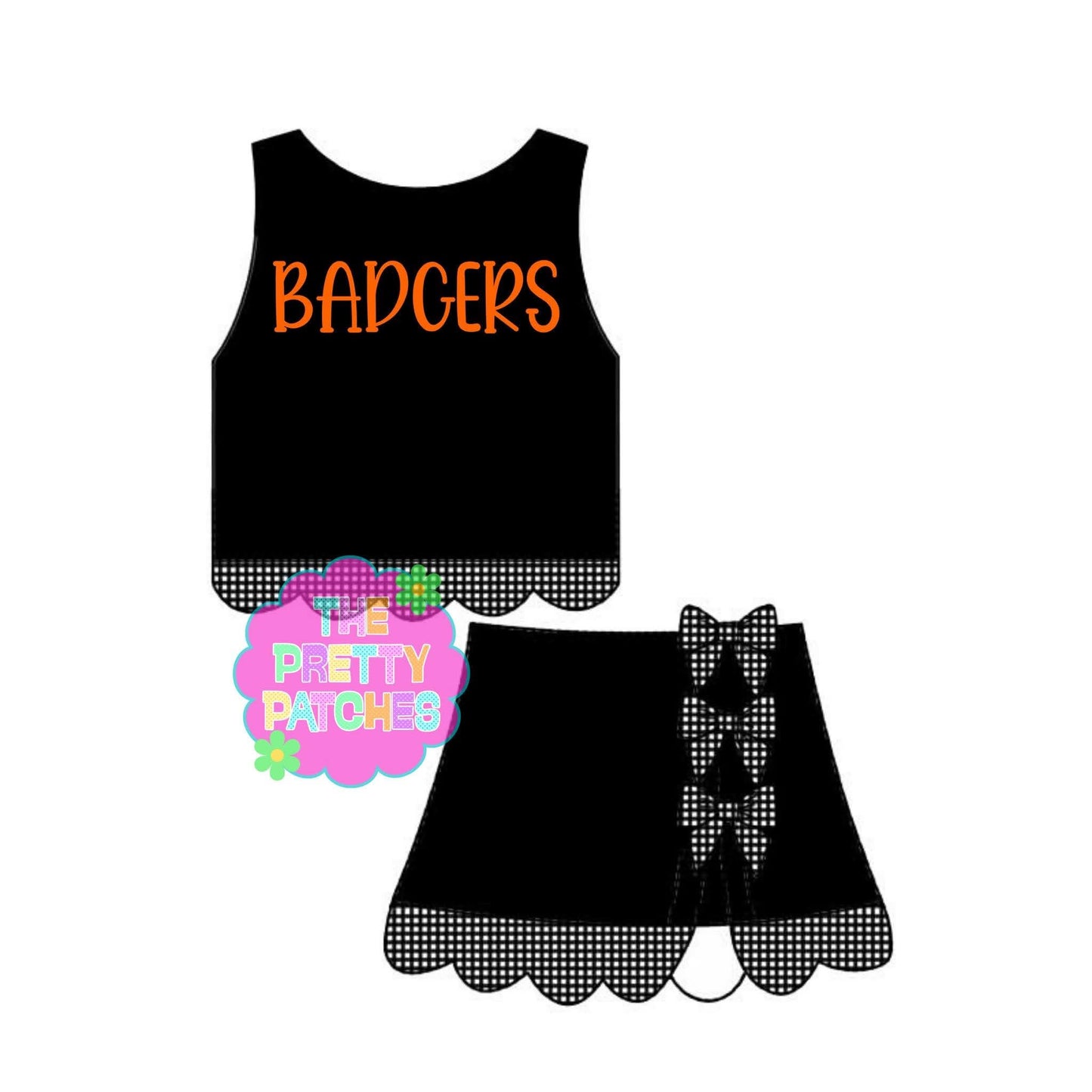 BADGERS GINGHAM SCALLOP ATHLETIC SKORT SET- BLACK BASE W BLACK AND WHITE GINGHAM-(PREORDER) 072126RW