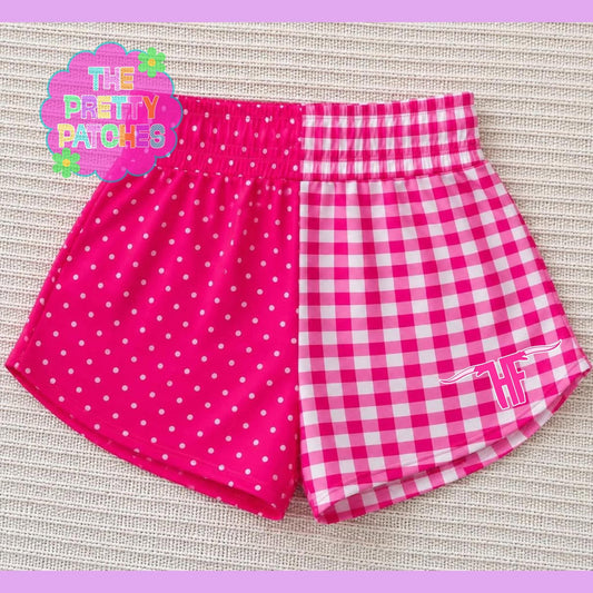 (BLANK-NO LOGO) HALF HOT PINK AND WHITE POLKA DOT & HALF HOT PINK & WHITE GINGHAM  (ADULT WOMENS SHORTS) - (PRE ORDER) (HAPPY DAYS) 072726LW