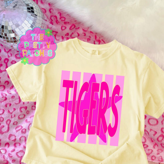 Pink Stripes with Mascot Name (TIGERS)🩷 - T-SHIRT - (COMFORT COLOR) 072826BR