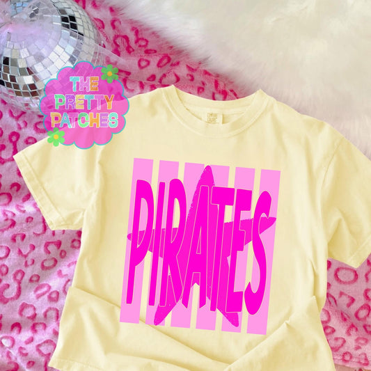 Pink Stripes with Mascot Name (PIRATES)🩷 - T-SHIRT - (COMFORT COLOR) 072926MG