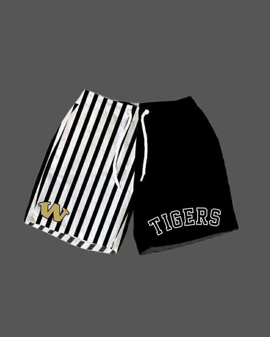WHITEWRIGHT TIGERS DRIP SHORTS (BLACK AND WHITE STRIPES WITH WHITEWRIGHT LOGO AMD SOLID BLACK WITH TIGERS WORDING) (YOUTH) (PRE ORDER) 072826BR