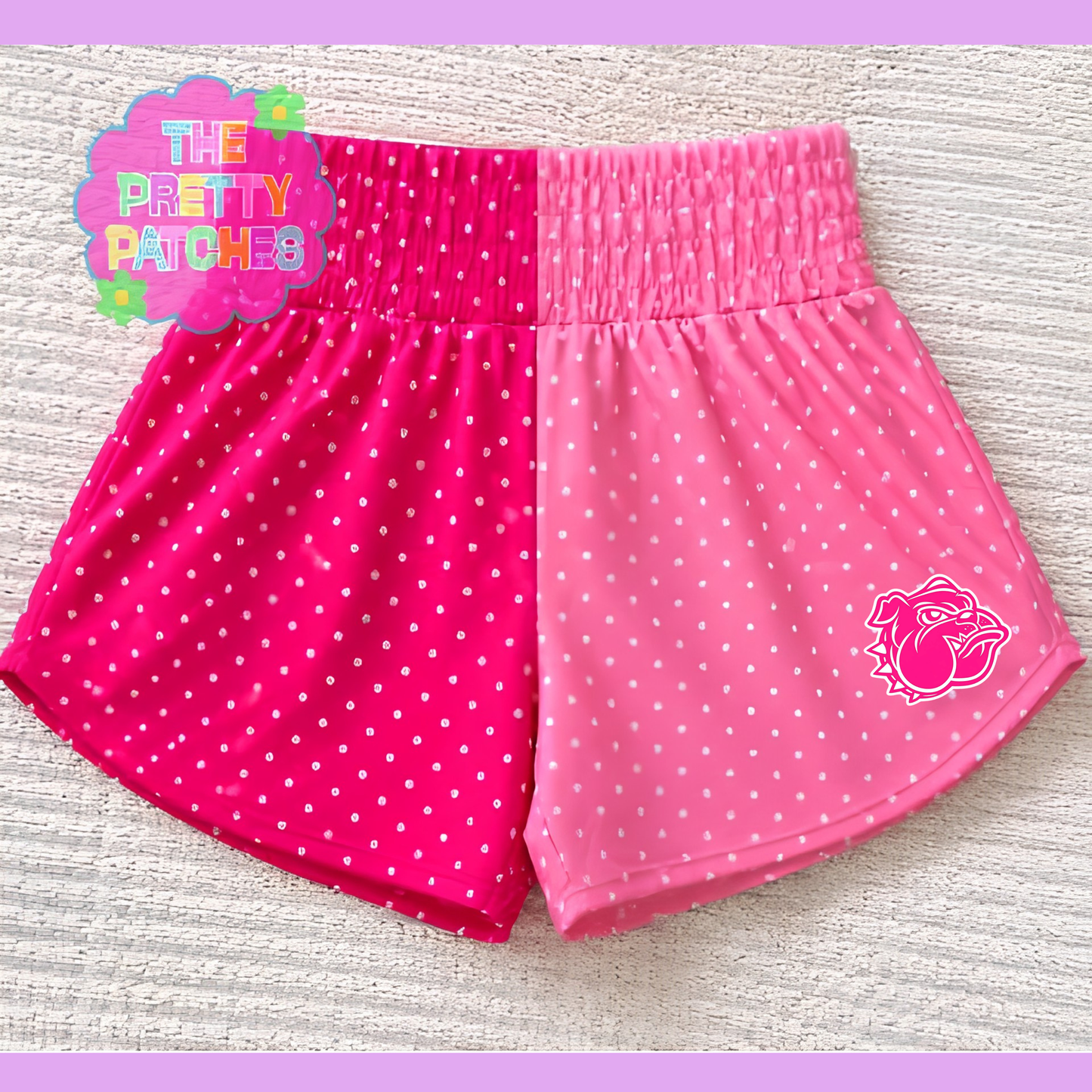 (BULLDOG HEAD-NEDERLAND ) HALF LIGHT PINK & WHITE POLKA DOT & HALF HOT PINK & WHITE POLKA DOT  (YOUTH GIRLS SHORTS) - (PRE ORDER) (HAPPY DAYS) 073026KRV