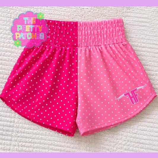 (HF-HAMPSHIRE FANNETT) HALF LIGHT PINK & WHITE POLKA DOT & HALF HOT PINK & WHITE POLKA DOT  (YOUTH GIRLS SHORTS) - (PRE ORDER) (HAPPY DAYS) 072726BR