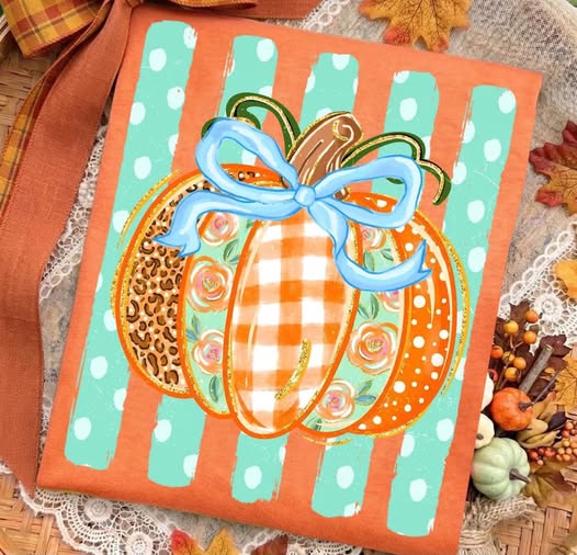 Girly Pumpkin with Polka Dot Stripes  - T-SHIRT - (COMFORT COLOR) 080126KRV