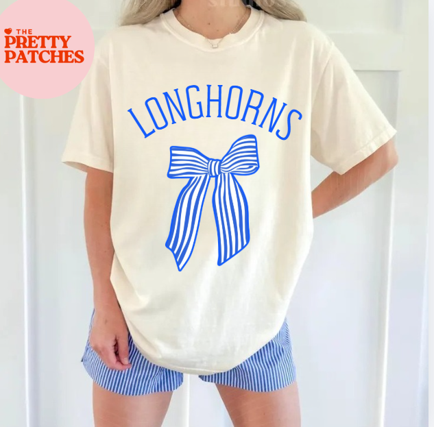 Mascot with Striped Bow  (LONGHORNS BLUE BOW) - T SHIRT - (COMFORT COLOR)-073126KRV