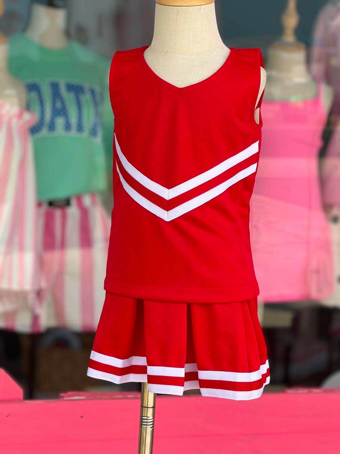 BLANK CHEER UNIFORM (RED BASE- WHITE STRIPES) --- INSTORE 080626RW